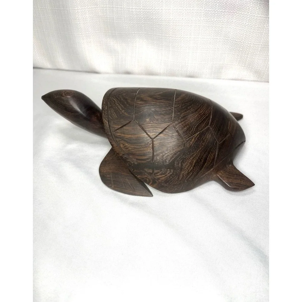 Vintage Hand Carved Dark Wood Sea Turtle Figurine 8 Inch Tropical Coastal Decor